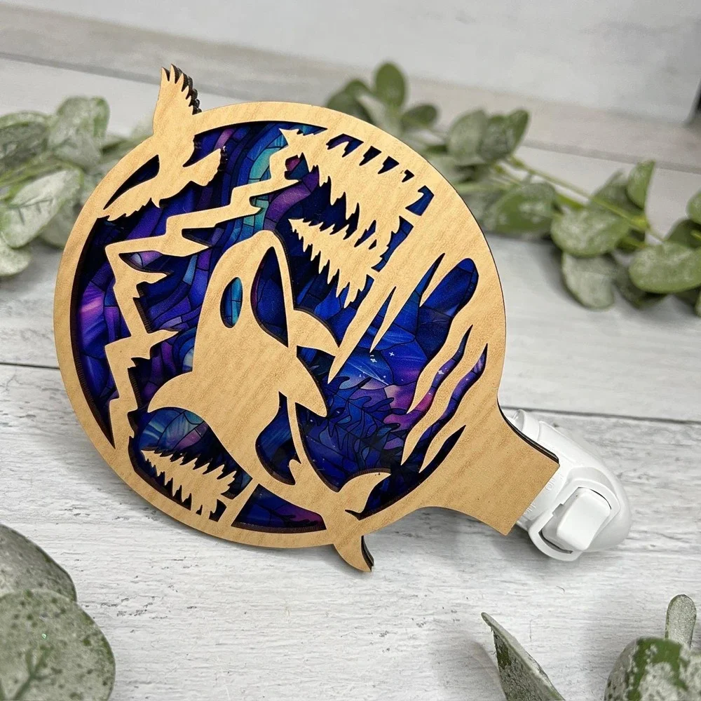 Orca Whale Night Light‎ Wood Pacific Northwest Mountain Scene Handcrafted